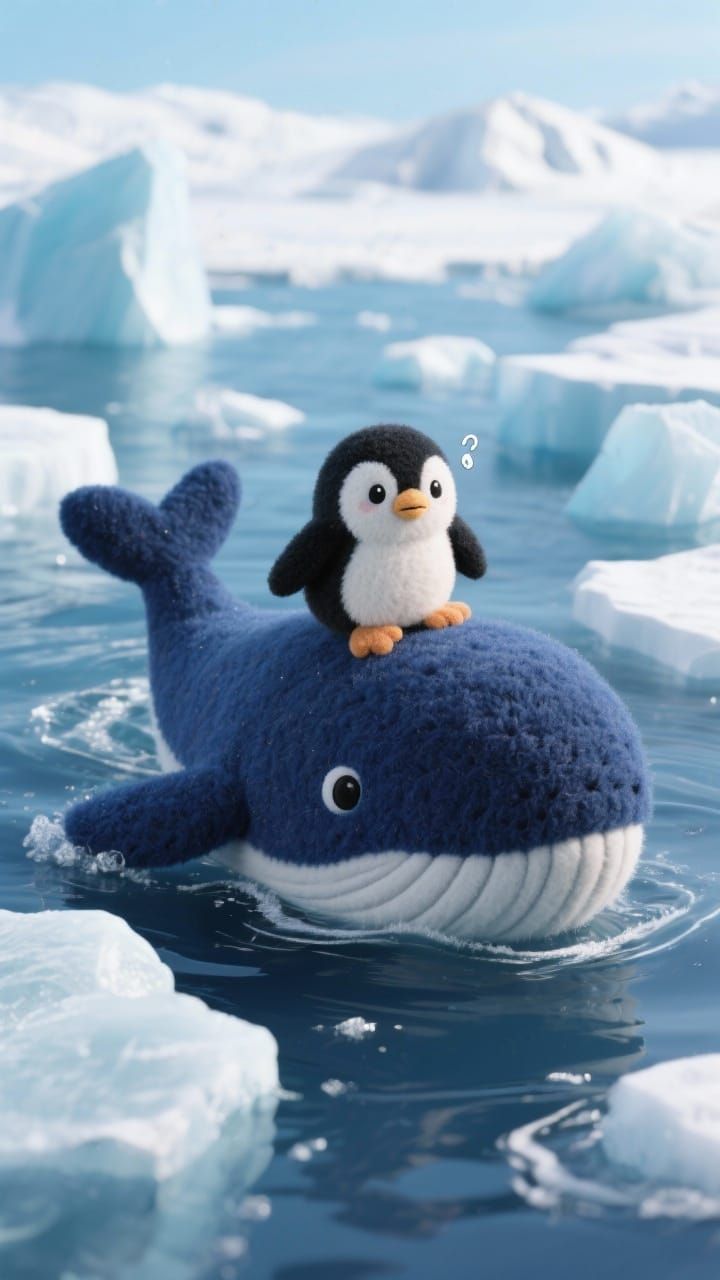 Felt Penguin Rides Whale Through Antarctic Icebergs