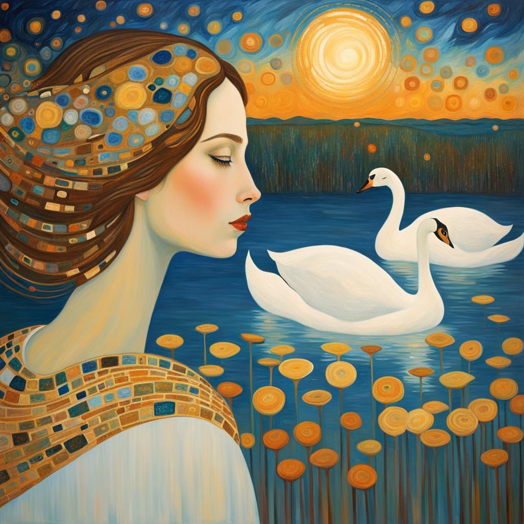 Girl Gazing at Swans in Klimt Style Painting
