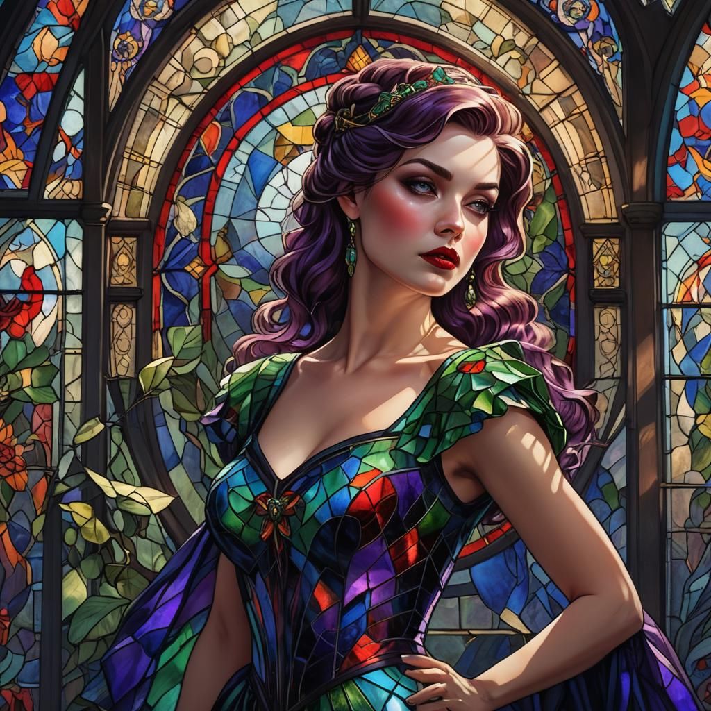 Gothic Stained Glass Portrait of Pin-Up Woman
