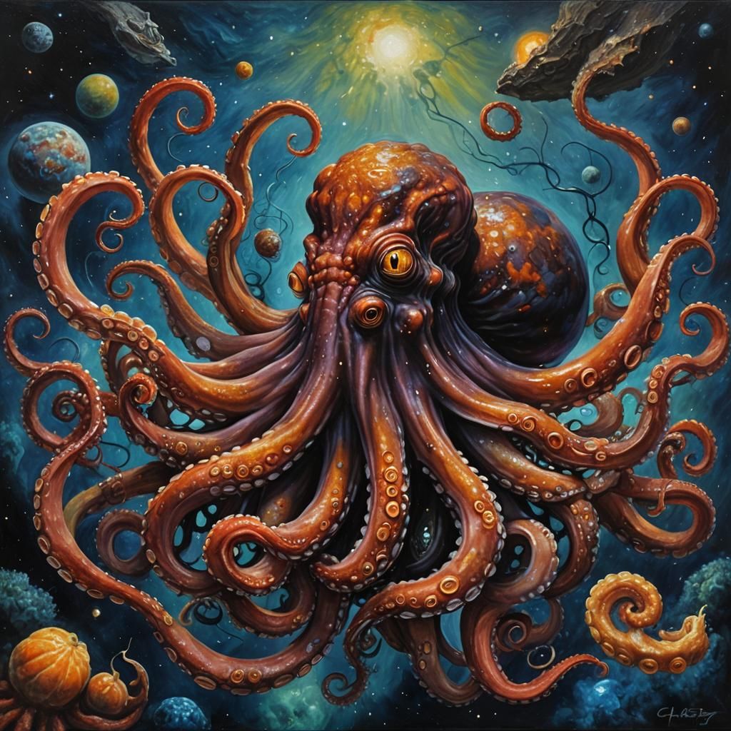 Cosmic Octopus in Deep Ocean, Oil Painting Style