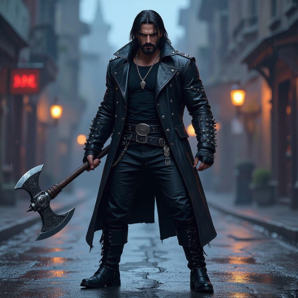 Dark Fantasy Warrior with Axe in Night Street