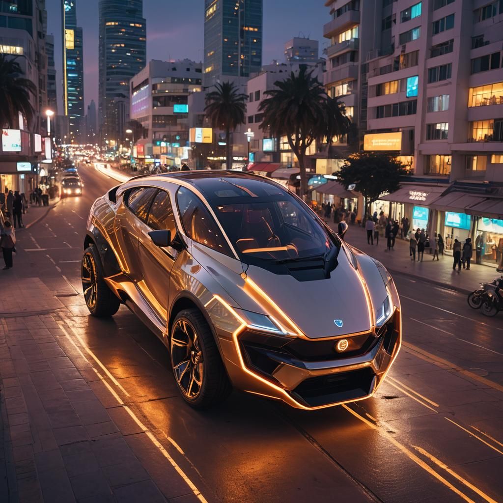 Futuristic Vehicle in Tel Aviv at Dusk