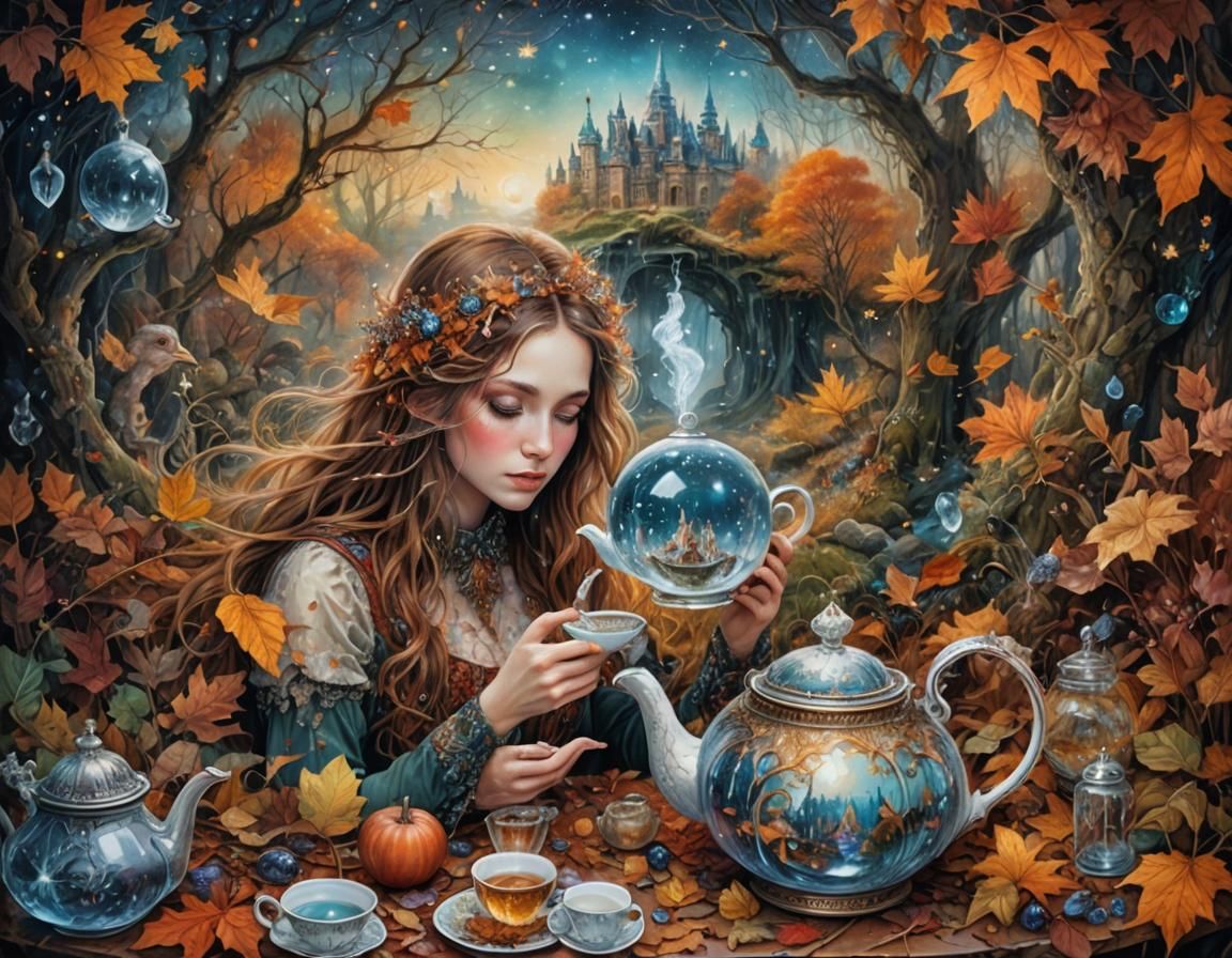 Starlit Autumn Landscape Emerges from Teapot