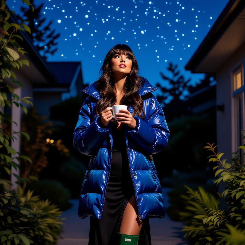 Woman in Blue Puffer Jacket Holds Coffee Under Starlit Night