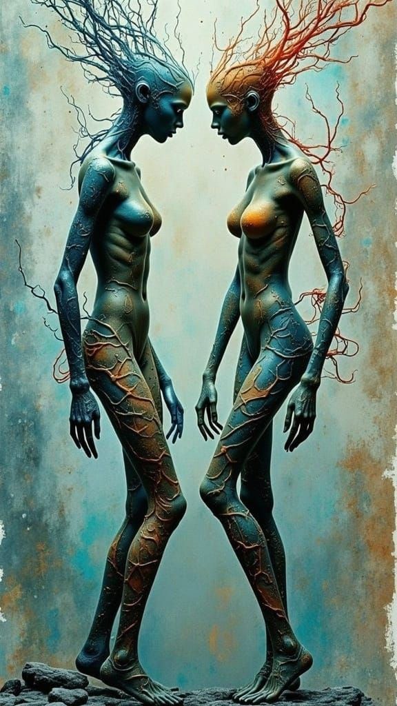 Two Bioluminescent Figures in Worn Stone Landscape