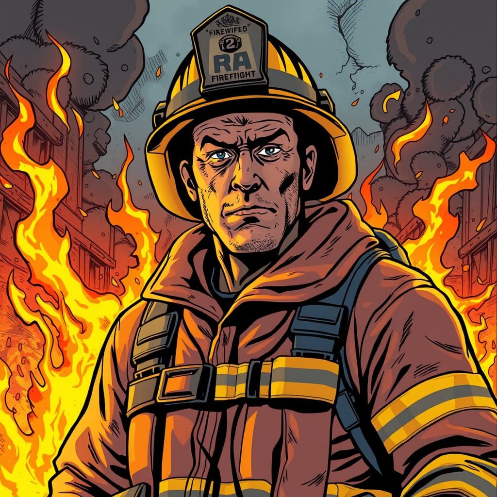 Brave Firefighter Battling Blaze in Comic Book Style