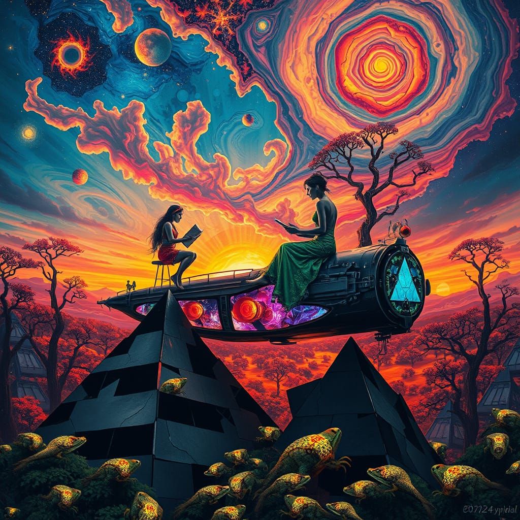 Ethereal Figures Compose Surreal Poems in Sunset Galaxy