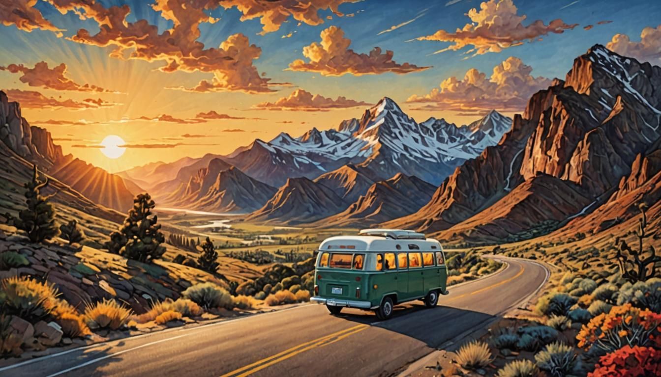 Scenic Road Trip Painting with Camper Van
