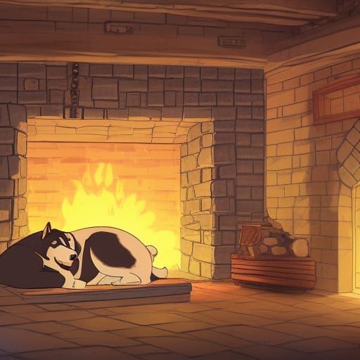 Husky Sleeping by Fireplace: Studio Ghibli Anime