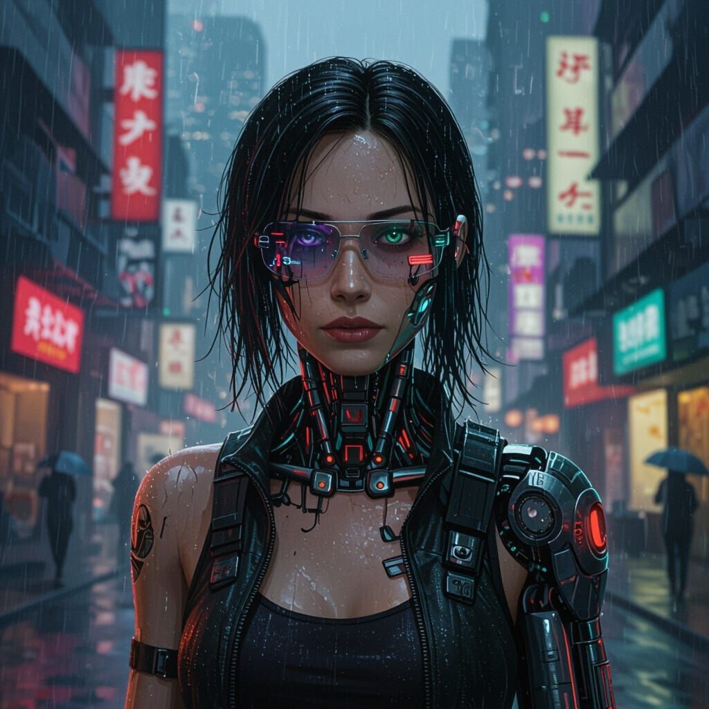 Cyberpunk Woman With Cybernetic Arm and Glasses in Rainy Cit...