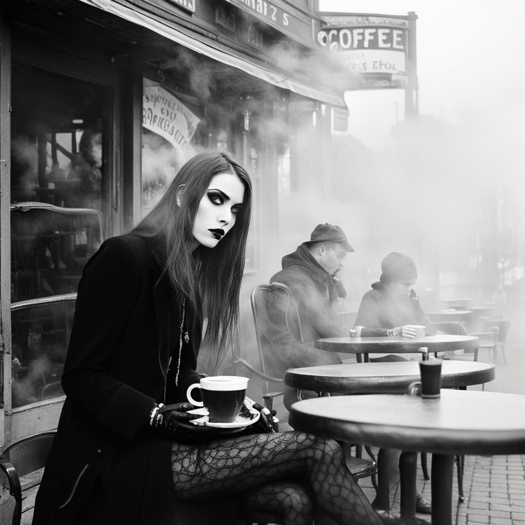Goth Fashion Model at Outdoor Coffee Shop