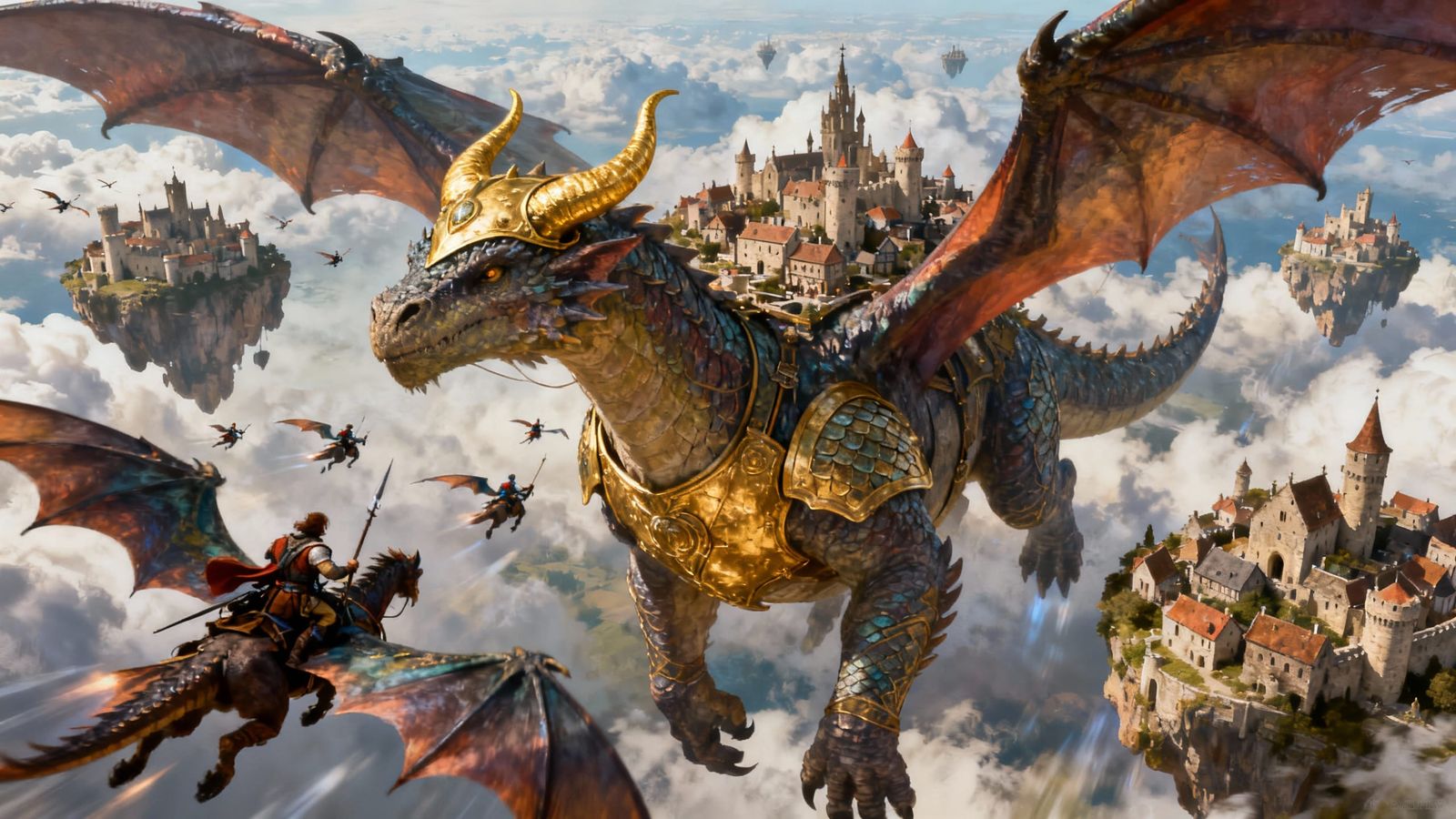 Dragon Riders Carry Medieval City on Giant Dragon Back