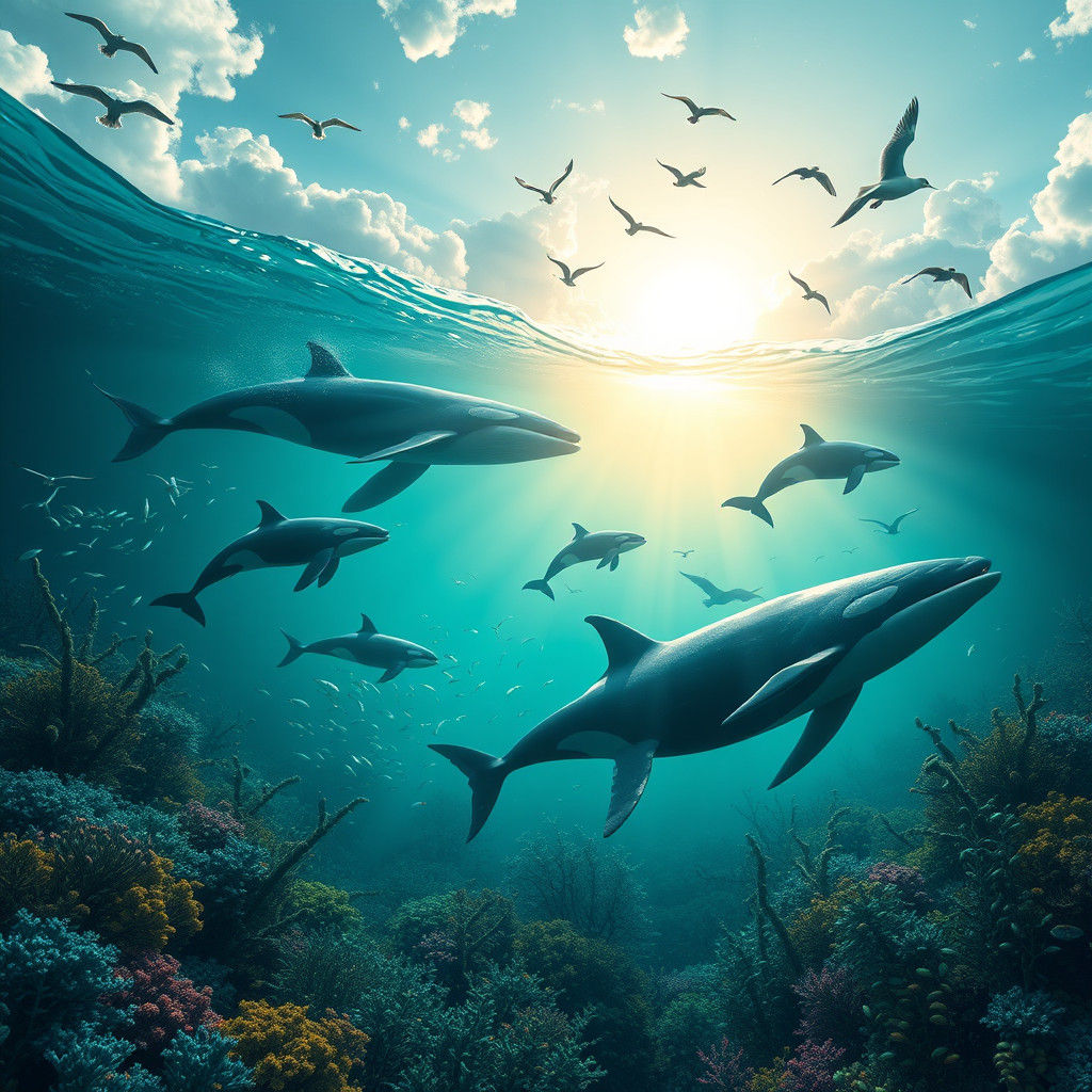 Whales and Fish in Turquoise Ocean, Fantasy Art