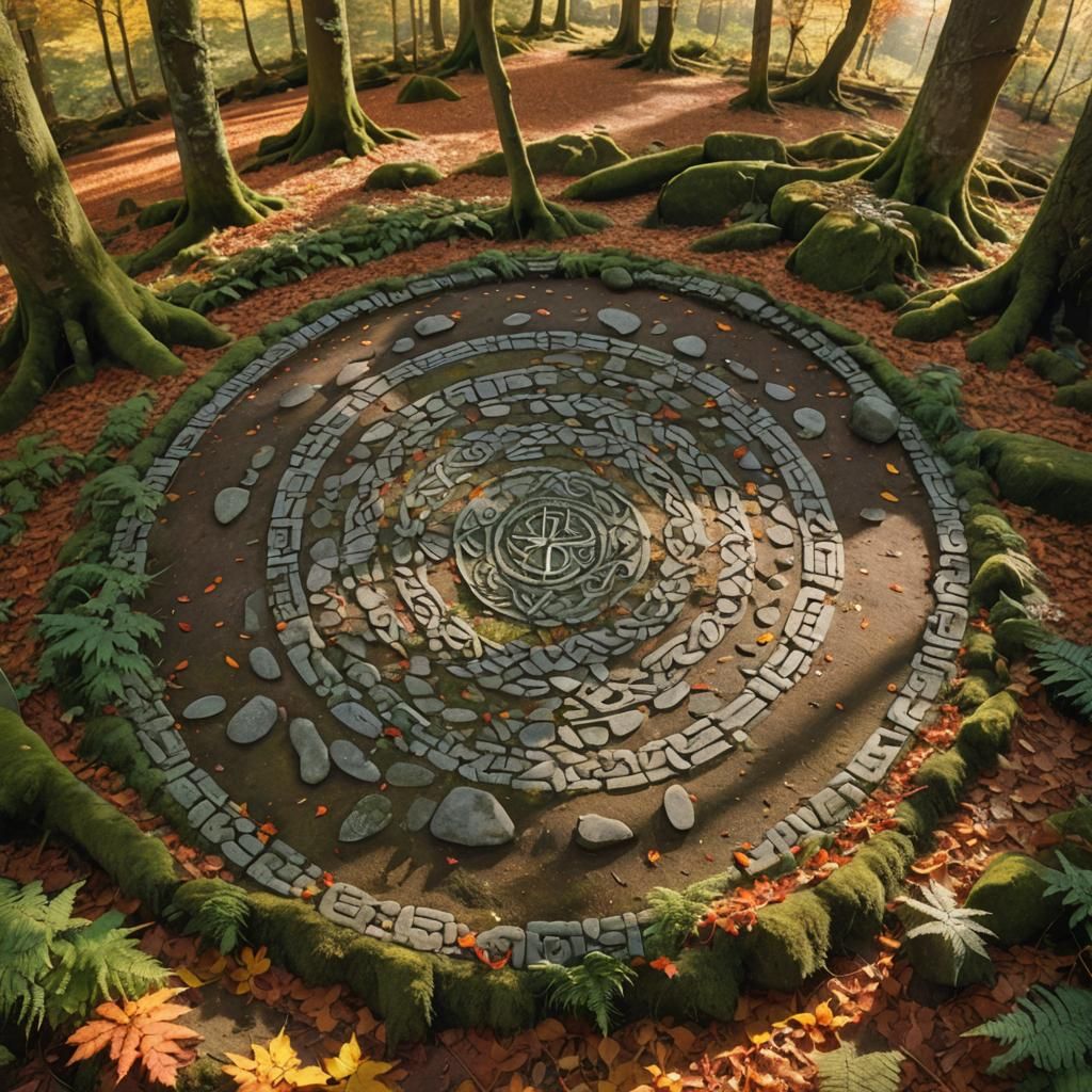 Mystical Celtic Stone Circle in Autumn Woods