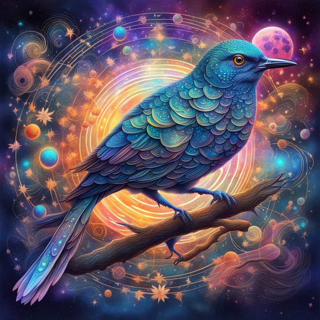 Cosmic Cuckoo Bird: Holographic Astral Illustration