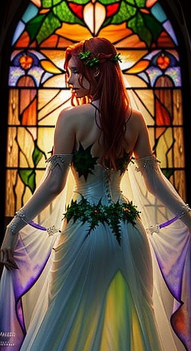 Surreal Stained Glass Sunset Bride with Poison Ivy in Pastel...