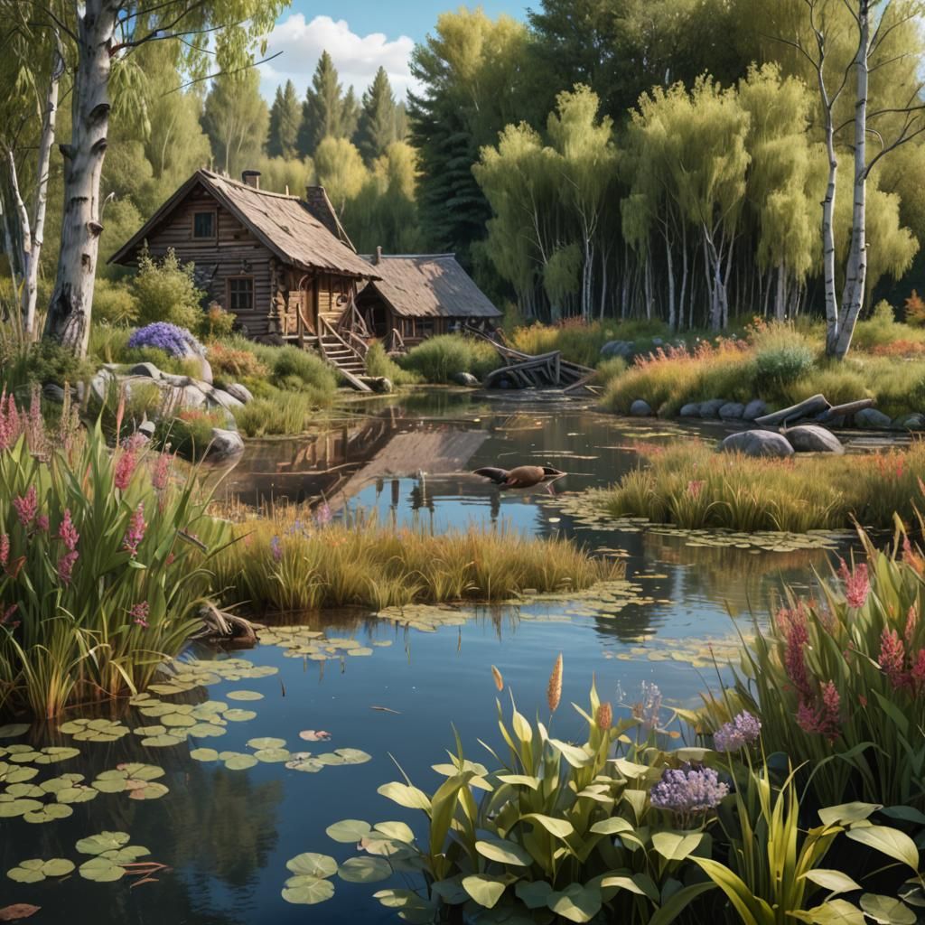 beaver pond with a lodge and dam, beaver, willow & birch tre...