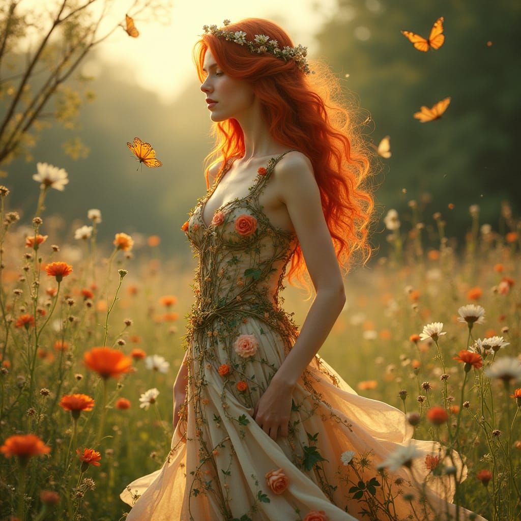 Floral Goddess in Sunlit Meadow: Art Nouveau Style