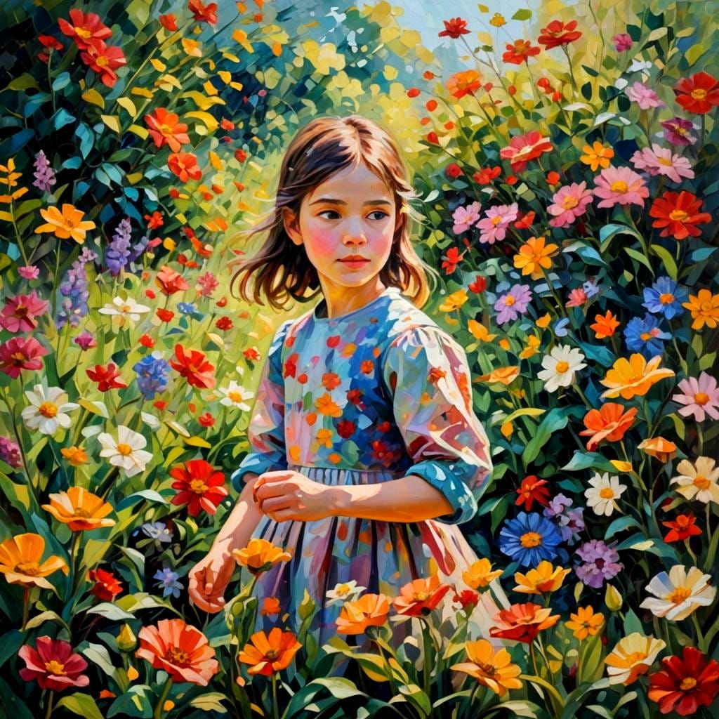 Vibrant Impressionist Garden Scene with Textured Brushstroke...