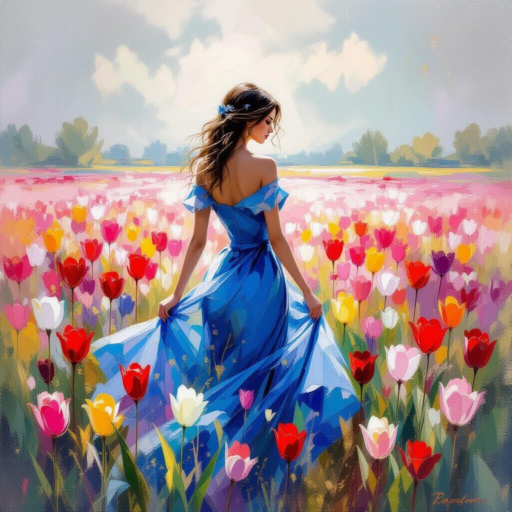 Woman in Tulip Field: Impressionistic Summer Day Painting