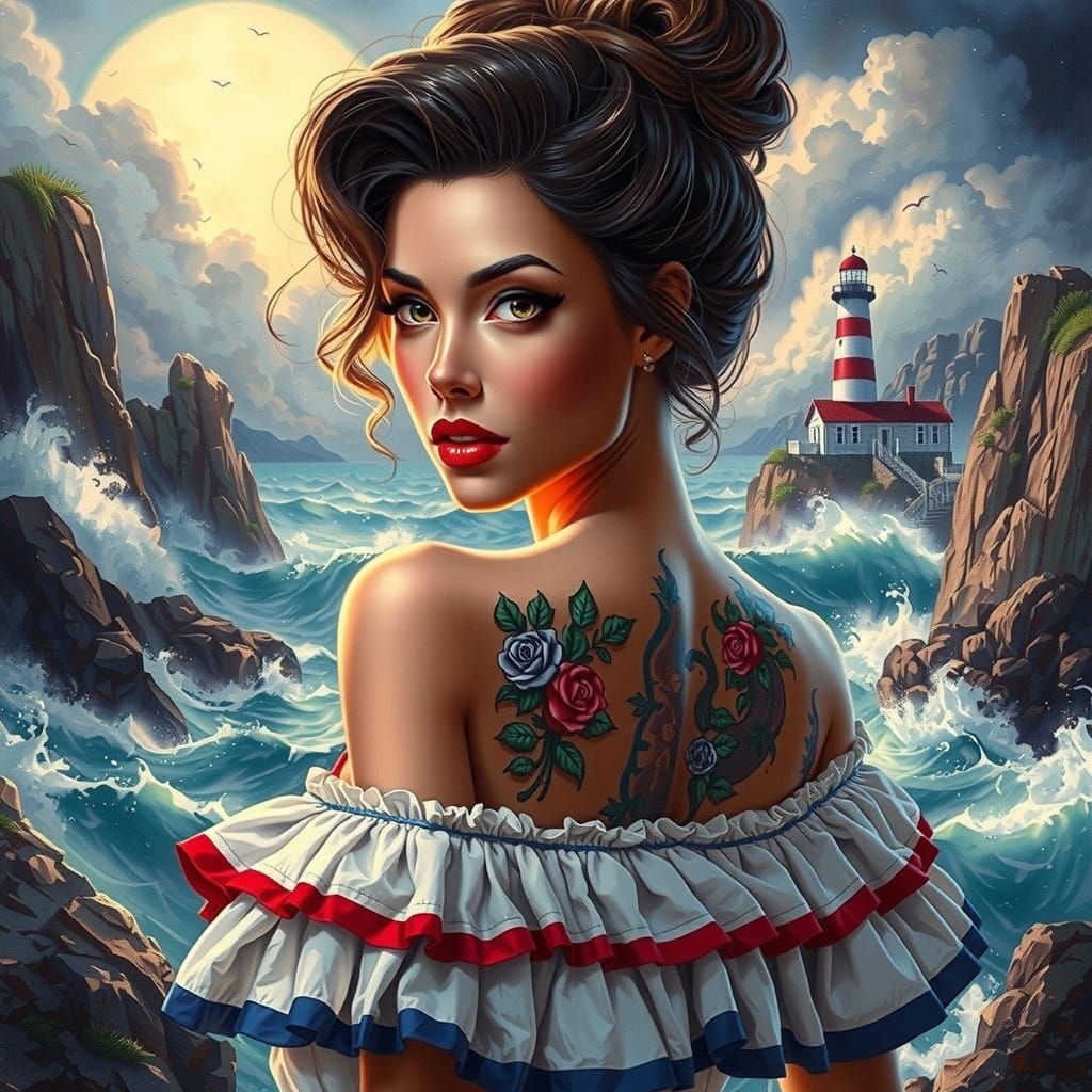 Pin-Up Woman by Stormy Sea: Fantasy Matte Painting