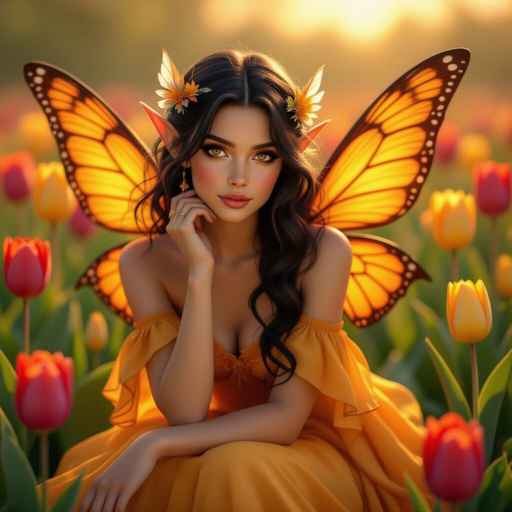 Whimsical Fairy in Tulip Garden with Orange Wings