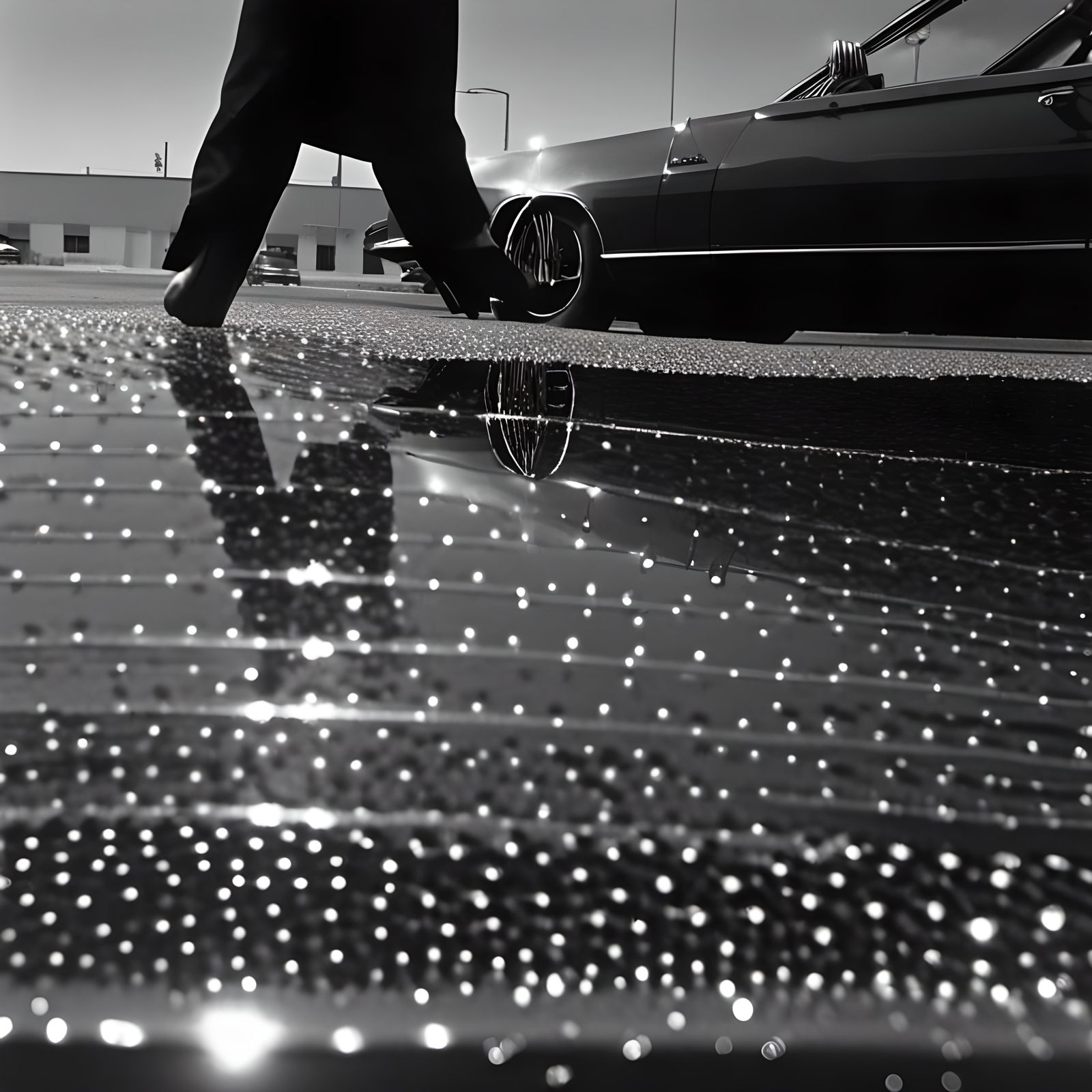 Woman's Pantyhose Reflecting Light in Parking Lot