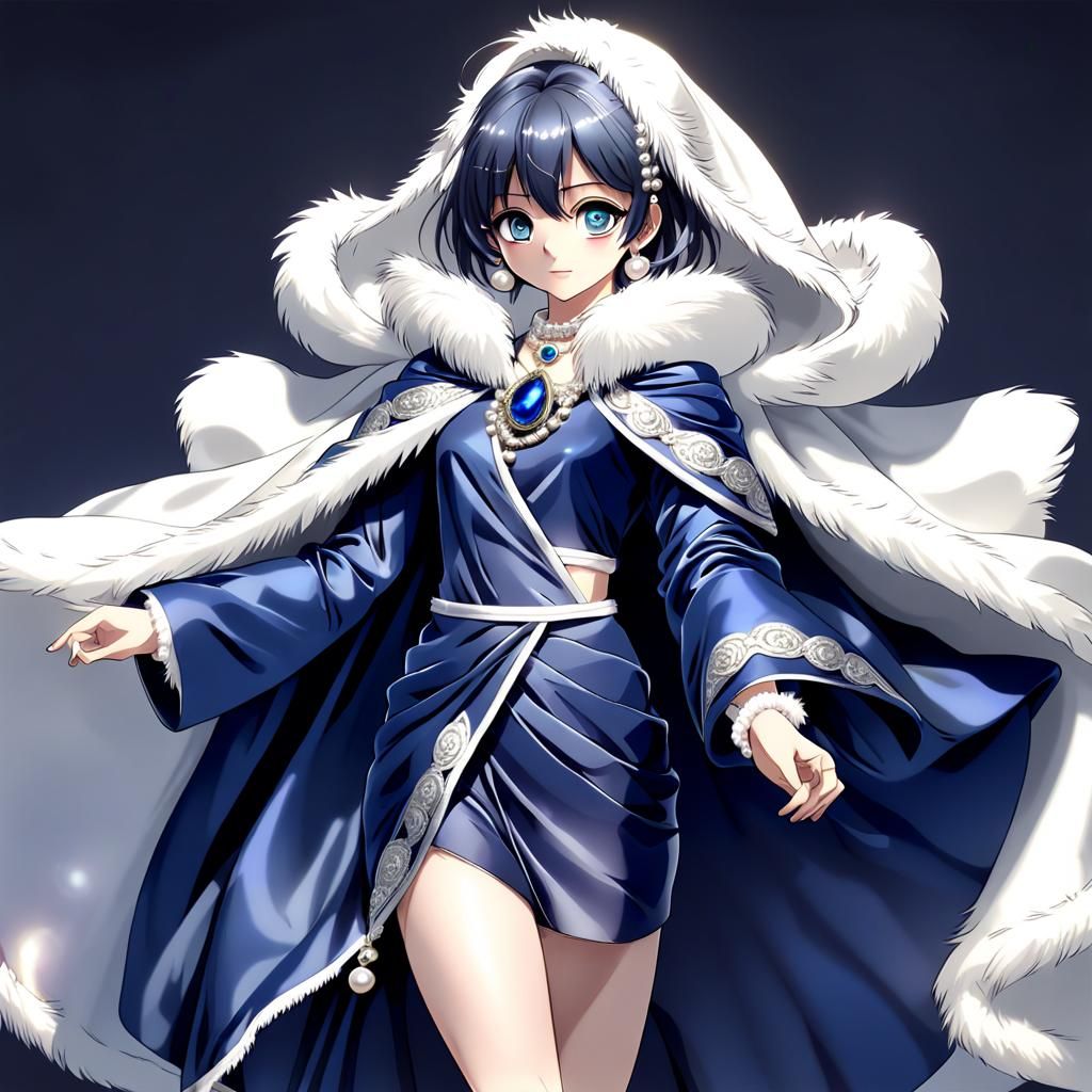 Anime Woman in Saree and Fur Cloak