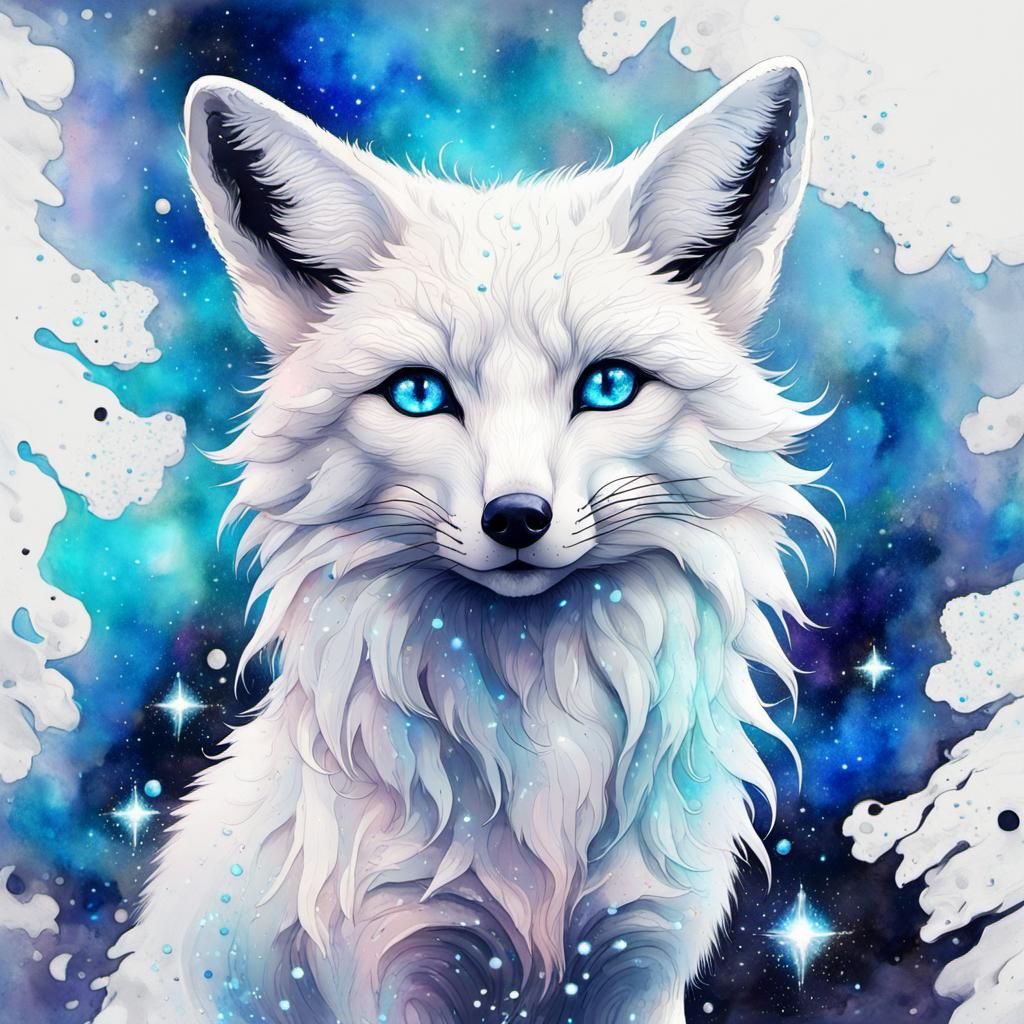 Ethereal White Fox in Glittering Cosmic Space