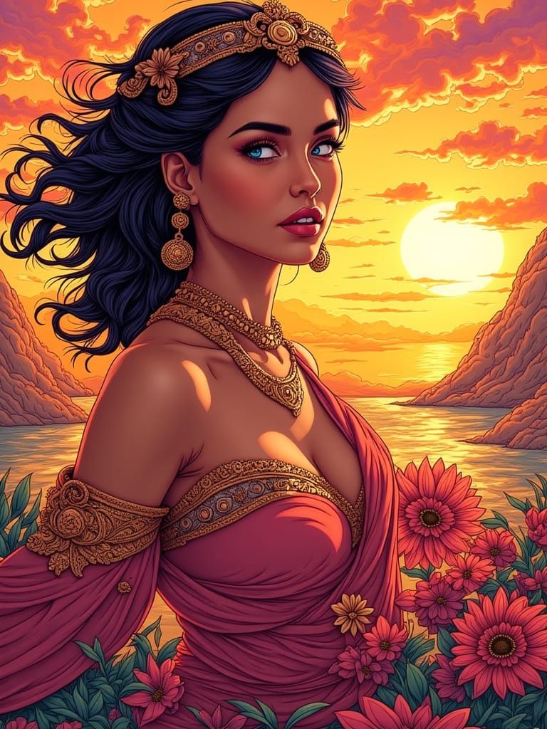 Vibrant Goddess Warrior in Luminous Manga Style