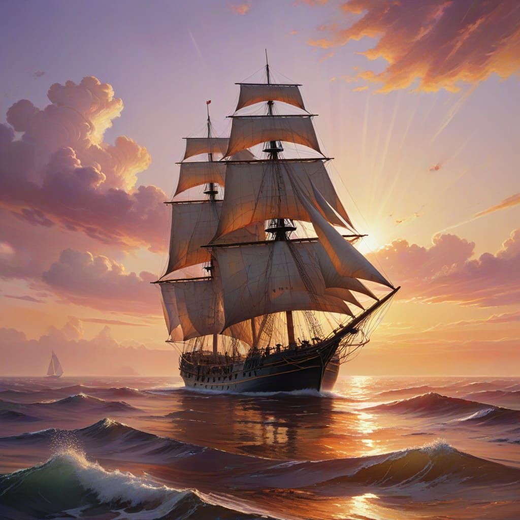 Vibrant Sunset on the Horizon with an Old Sailing Ship