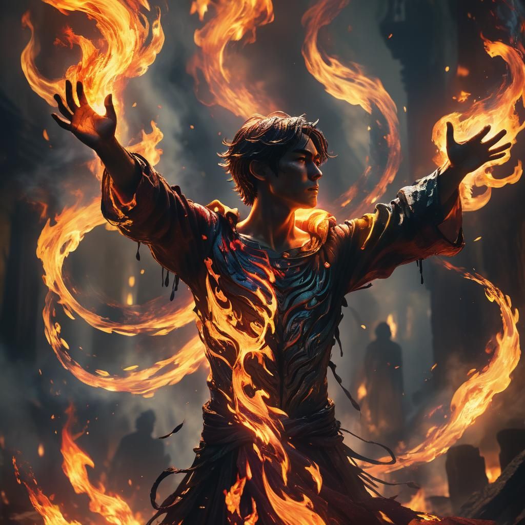 Figure Embracing Inferno in Cinematic Concept Art