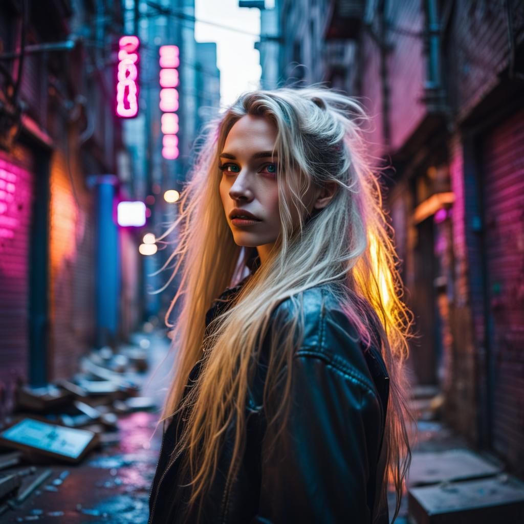 Mysterious Artist Girl in Cyberpunk Cityscape