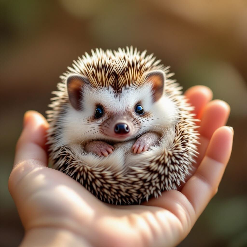 Tiny Hedgehog Curled in Hand: Photorealistic Image