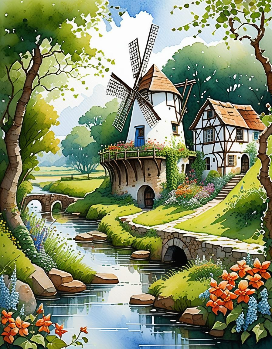 Charming Watercolor of Couple at Medieval Watermill