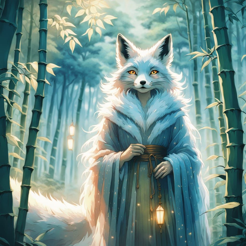 Mysterious Fox Spirit in Ghibli-esque Bamboo Forest