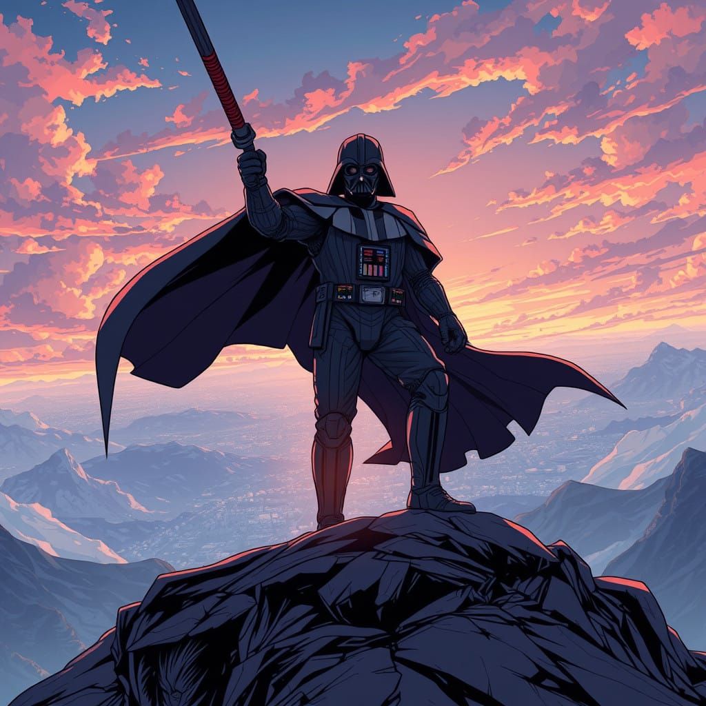 Darth Vader Dominates Urban Landscape in Anime-Style Panoram...