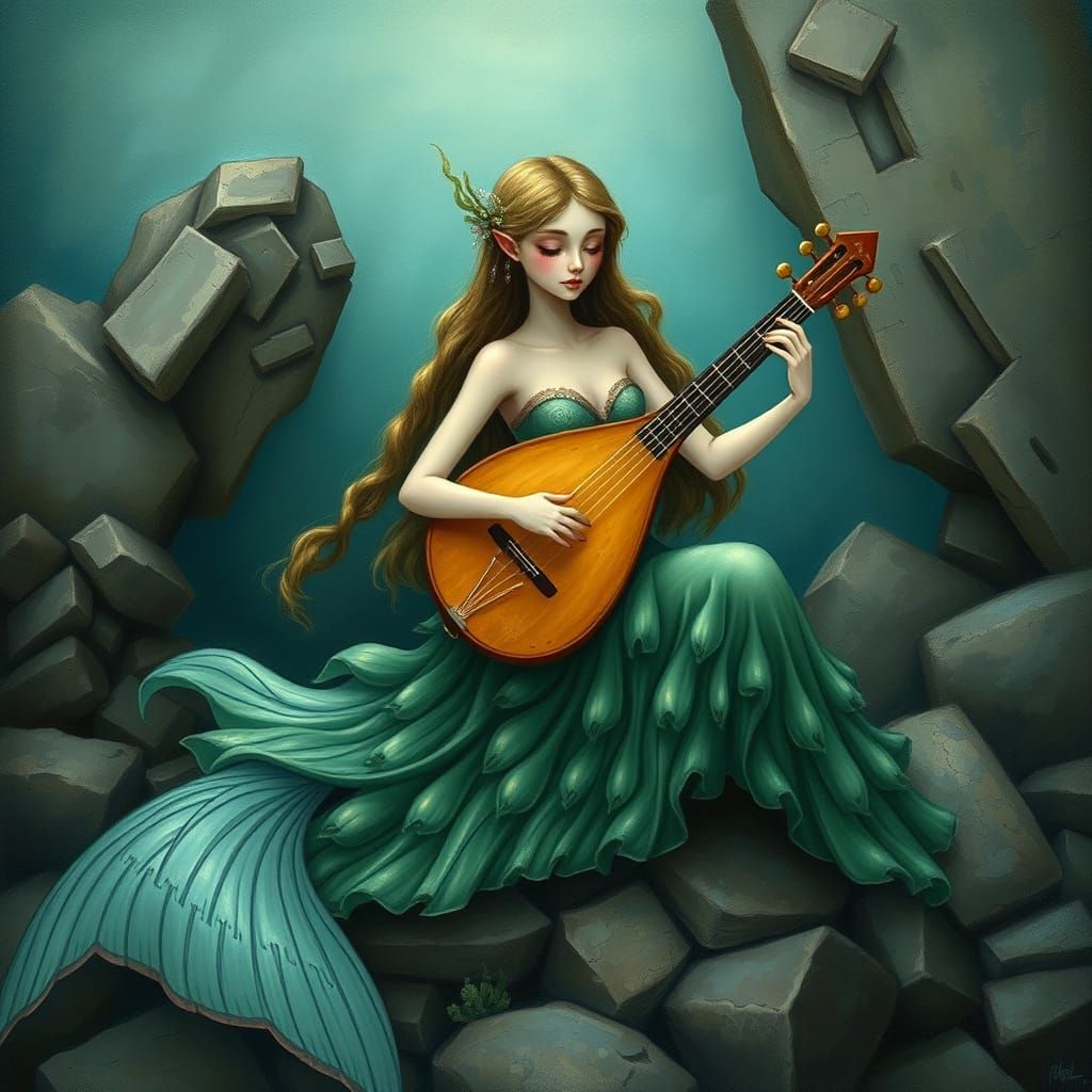 Mermaid Playing Lute in Whimsical Fantasy Style