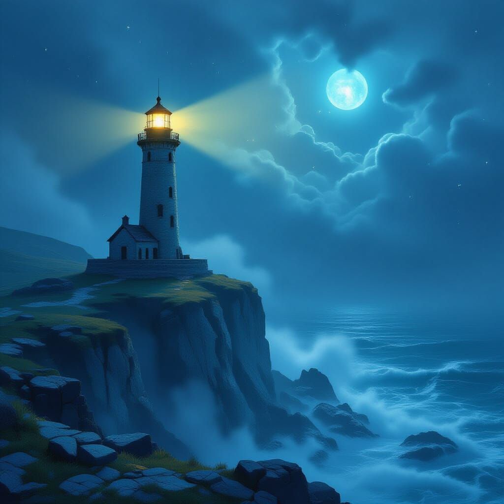 Ancient Lighthouse on Starry Ocean Cliff