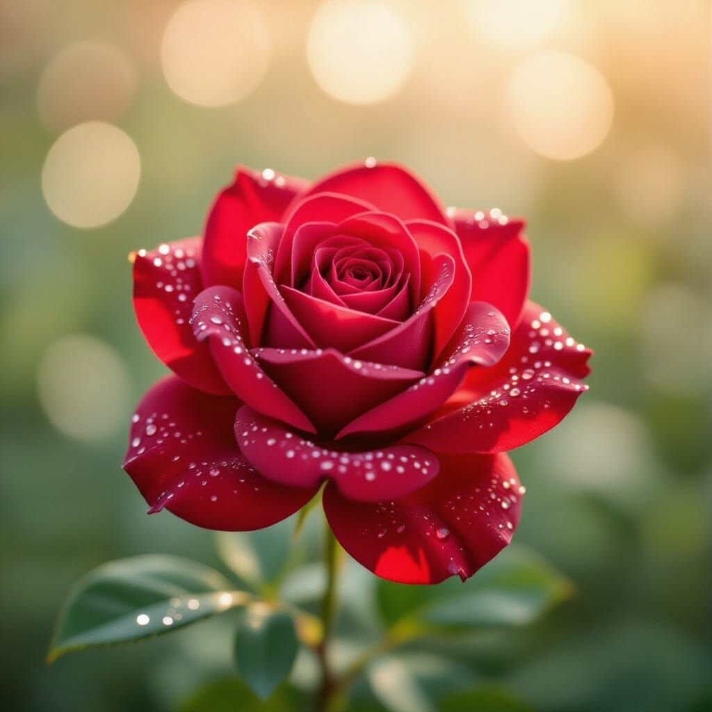 Vibrant Red Rose with Glistening Dew Drops