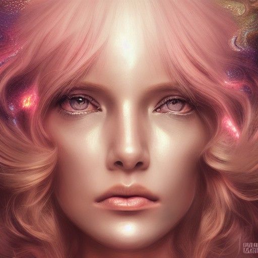 Intricate Pink Fractal Hair Portrait in Mixed Media