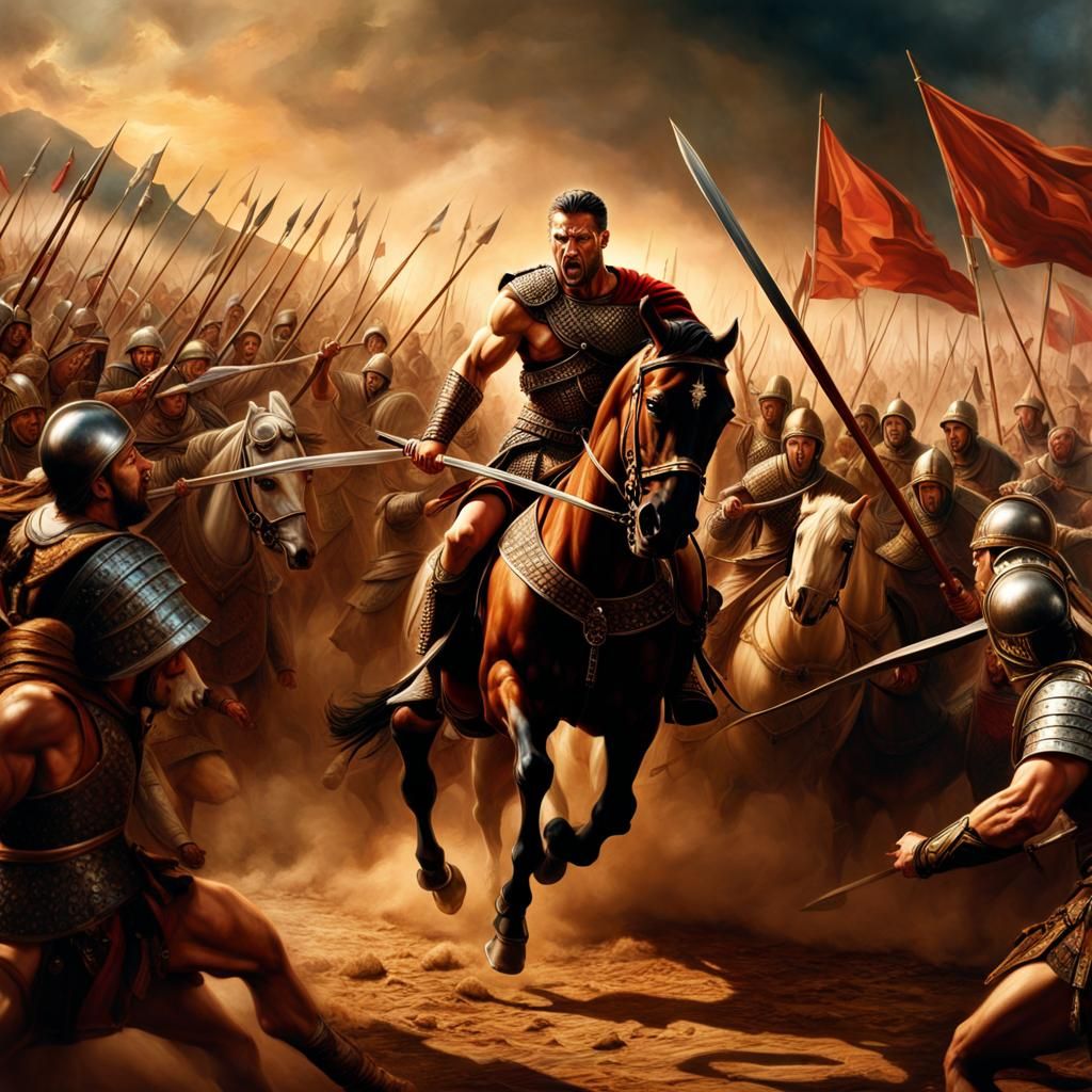 Painting of Spartacus charging into battle with his army of gladiators