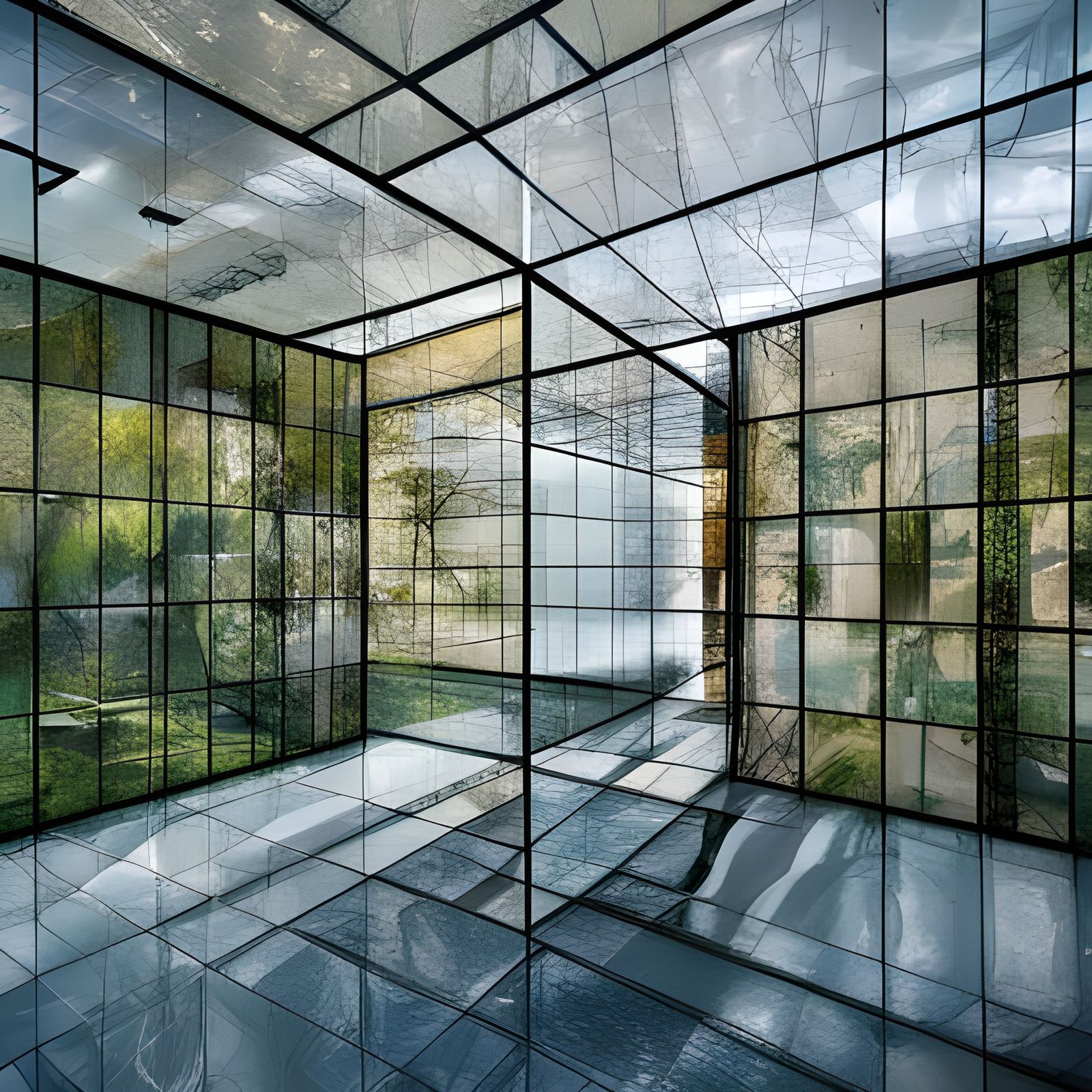 Glass house. Broken windows. Stones on ground. Intricate detail. Perfect, Beautiful, Transparent glass. Color gradient, ...