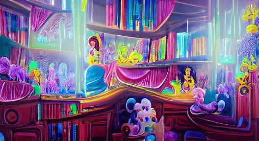 Belle's Library: Detailed Psychedelic Storybook Illustration
