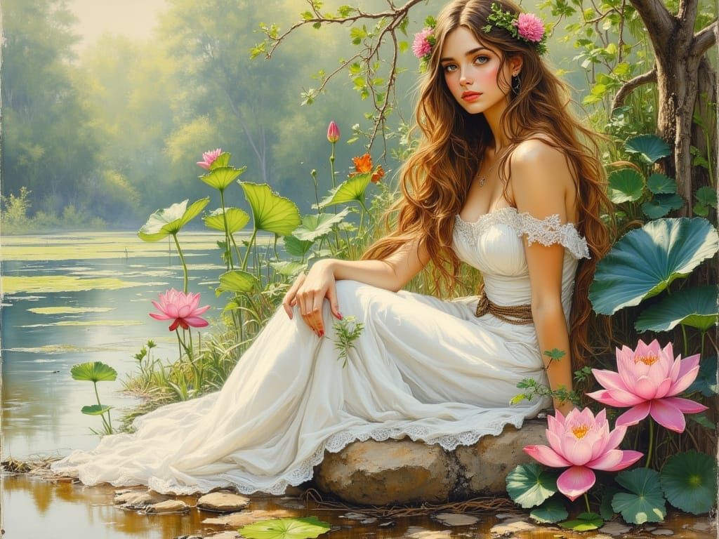 Ethereal Woman with Lotus Flowers in Impressionistic Style