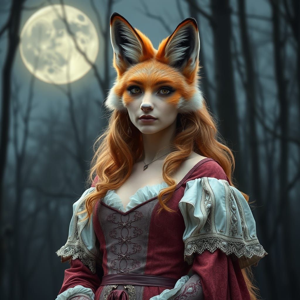 Hybrid Fox Woman in Medieval Gown Under Full Moon