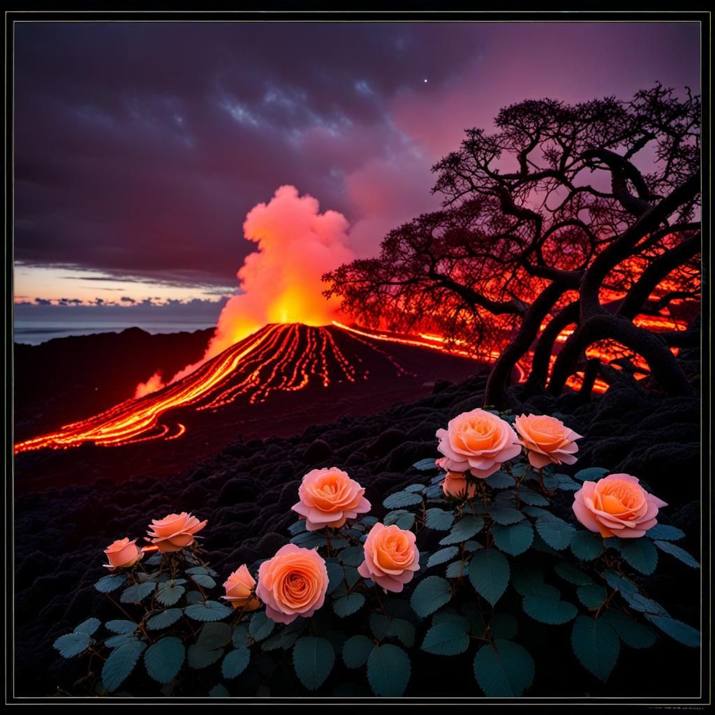 Bioluminescent Roses Erupting Near Lava, Vintage Photography