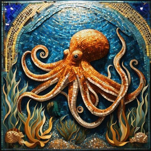 Ornate Mosaic Underwater Scene with Art Nouveau Border