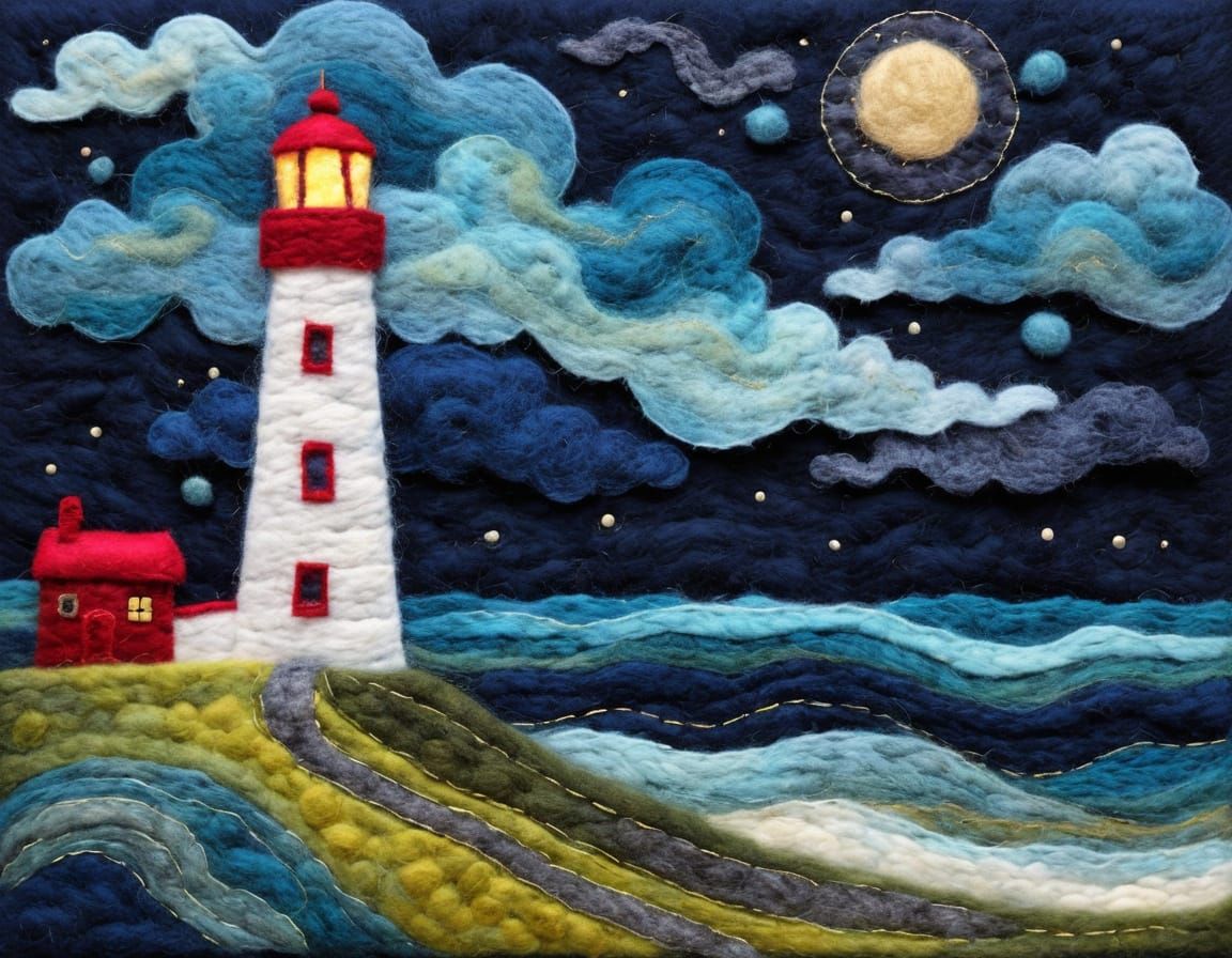 Lighthouse on Stormy Night in Wool Felt Art