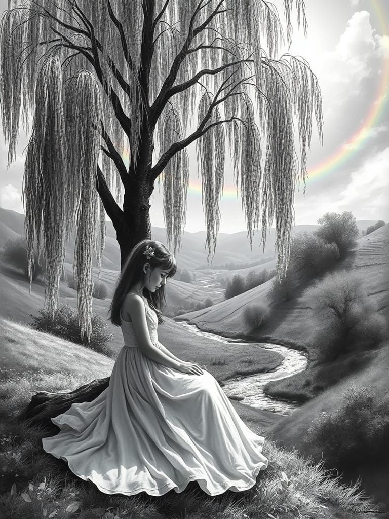 Weeping Girl Under Willow Tree in Grayscale Forest